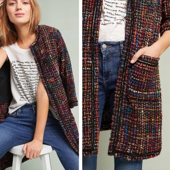 Anthropologie ett:twa Berwyn Silk Blend Multicolor Tweed Open Front Jacket - Picture 4 of 10